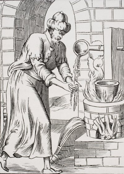 De zigeuner die zijn handen waste in gesmolten lood, naar een houtsnede in 
